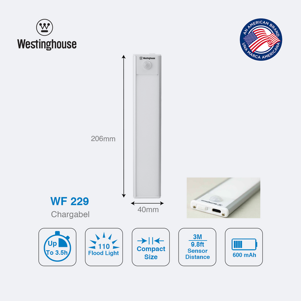 Westinghouse WF229 Rechargeable Sensor Light comes with 2 lighting modes. It provides a neutral white light of 110 lumens when motion is detected in 3 meters under the AUTO mode