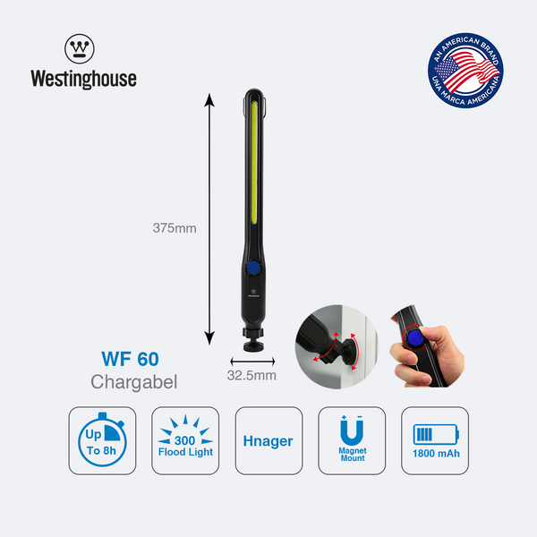 Westinghouse WF60 Rechargeable Work Light, Ultra Bright 300 Lumens COB, Adjustable Brightness Knob, Hands-Free Operation