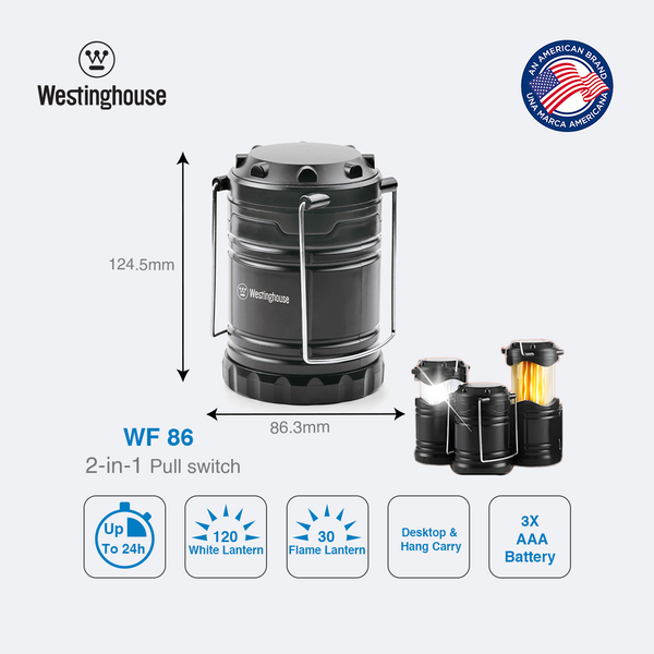 Westinghouse WF86 LED Dual Lantern has two light settings: a bright white light to illuminate a large area and a flame light to replicate a torch