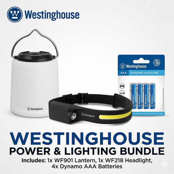Westinghouse Bundle 1xWF901 Rechargeable Lantern , 1x WF218 headlight and 12 Dynamo Alkaline Batteries Size AAA