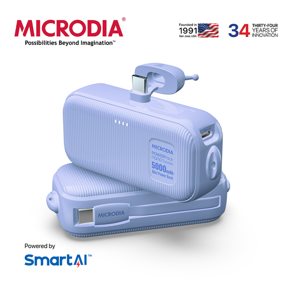MICRODIA POWERPack™ Nano Traveler 10W Mini Portable Power Bank, 5000mAh with Built-in USB-C Connector + USB-C Cable