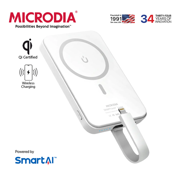 MICRODIA SNAPPower™ Traveler 35W Magnetic Wireless Power Bank 10000mAh Built-in Detachable Cable (USB-C + Lightning)