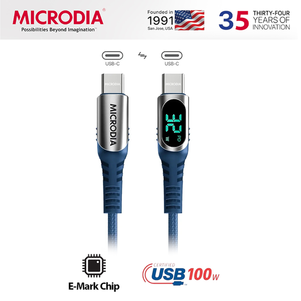 Microdia ExeCable Digital Display 100W USB-C to USB-C Cables w/Charging Power Display,