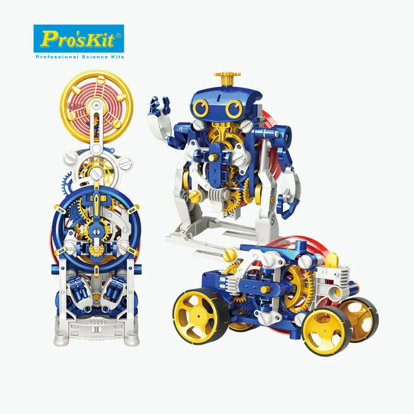 Pro’sKit GE-730 3-in-1 Spiral Spring Science Kit – Battery-Free STEM Robot, Race Car & Timer DIY Build Set for Kids 8+