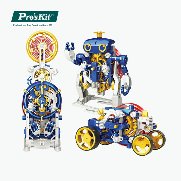 Pro’sKit GE-730 3-in-1 Spiral Spring Science Kit – Battery-Free STEM Robot, Race Car & Timer DIY Build Set for Kids 8+