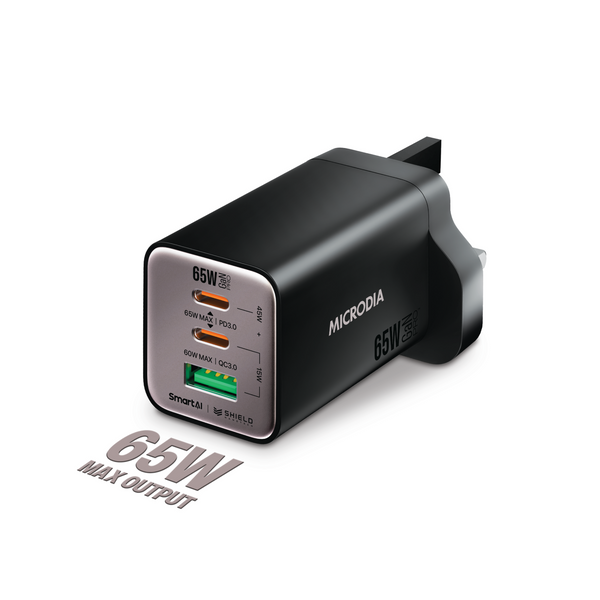 MICRODIA SMARTCube™ Nano 65W GaN Pro Wall Charger, 3-Port, USB-C PD3.0 + USB-A QC3.0