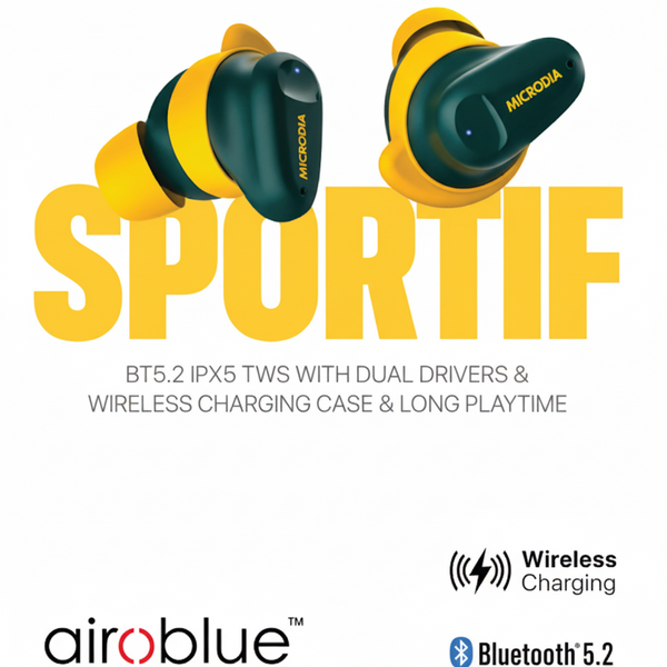 MICRODIA Sportif BT5.2 IPX5 TWS WITH DUAL DRIVERS & WIRELESS CHARGING CASE & LONG PLAY HOURS