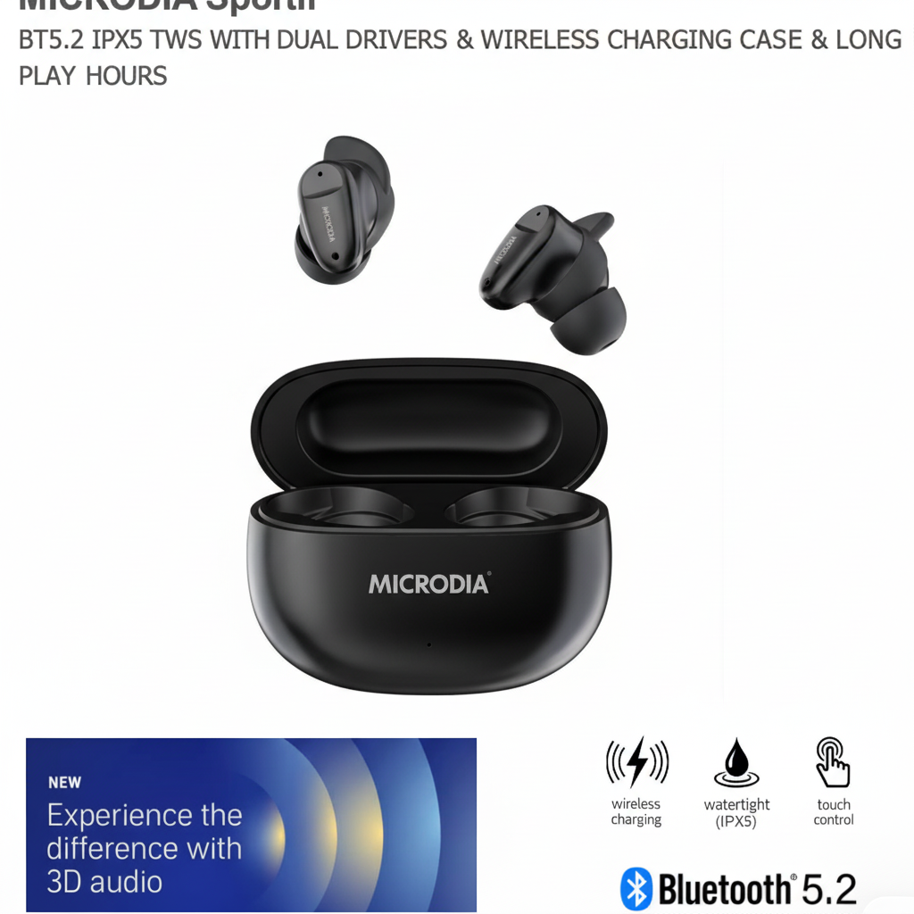 MICRODIA Sportif BT5.2 IPX5 TWS WITH DUAL DRIVERS & WIRELESS CHARGING – SDL