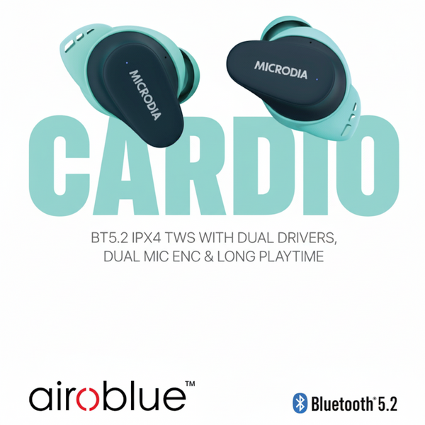 MICRODIA Cardio BT5.2 IPX4 TWS WITH DUAL DRIVERS, DUAL MIC ENC & LONG PLAYING HOURS