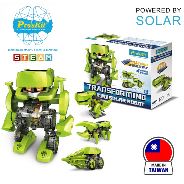 Pro’sKit GE-617 Transforming 4 Solar Robots – 4-in-1 DIY STEM Solar-Powered Robot Kit for Kids 8+ (T-Rex, Rhino Beetle, Drill Car & Robot)