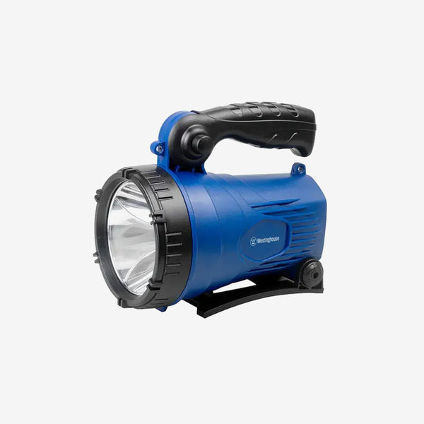 a blue light with a black handle on a white background