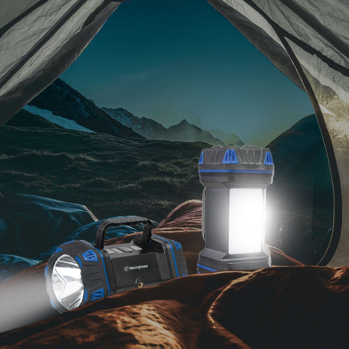 a flashlight and a flashlight light in a tent
