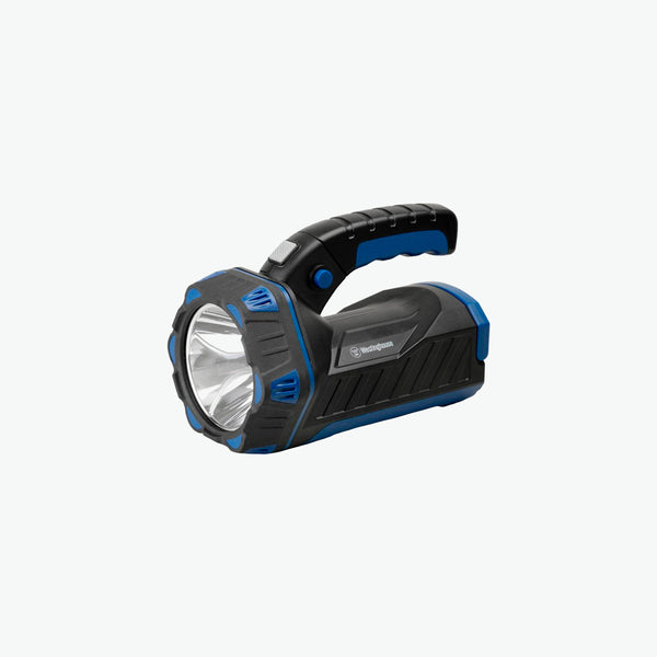 a blue and black flashlight on a white background