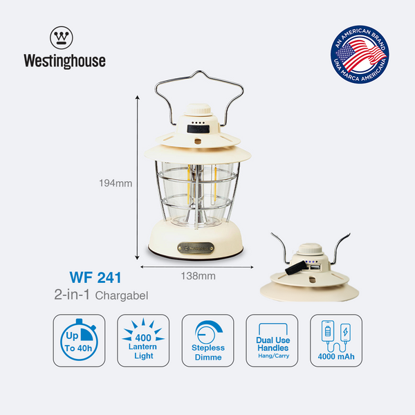 Westinghouse WF241  Rechargeable Camping Lanterns come with retro designs and offer a cozy ambiance with two types of LED lighting source: a filament warm orange light + an SMD neutral white light