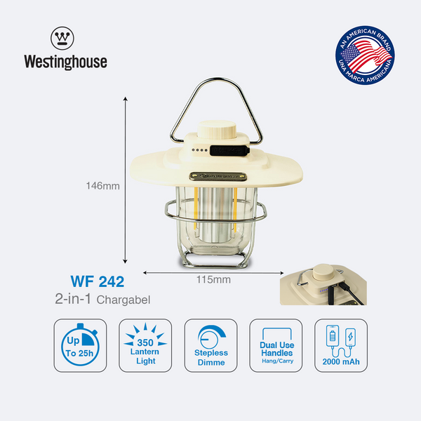 Westinghouse WF242 Rechargeable Camping Lanterns come with retro designs and offer a cozy ambiance with two types of LED lighting source:filament warm orange light + an SMD neutral white light.