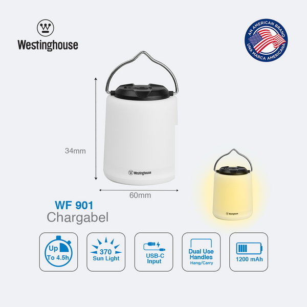Westinghouse WF901 Rechargeable Lantern is your perfect companion for evenings on the patio or in the great outdoors. With a brilliant 400 lumens of light, this lantern offers 2 versatile lighting modes to suit your needs.